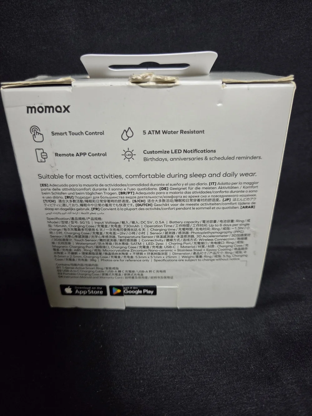 Momax 1-Sense Active Smart Ring - Size 13 - Black Nano-Ceramic Health Tracker